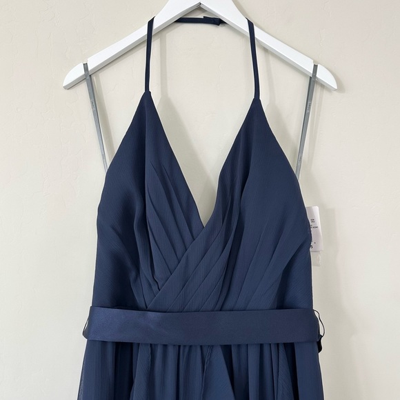 White by Vera Wang Long Chiffon Halter Cascading Bridesmaid Dress in Midnight - Picture 3 of 14